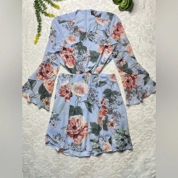 Bardot x Revolve Cutout Floral Frill Long Bell Sleeve Mini Dress in Blue Pink 6 - Picture 2 of 15